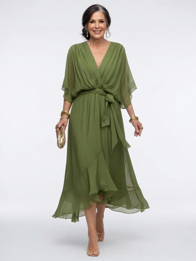 Elysia | Robe Midi Drapée à Encolure