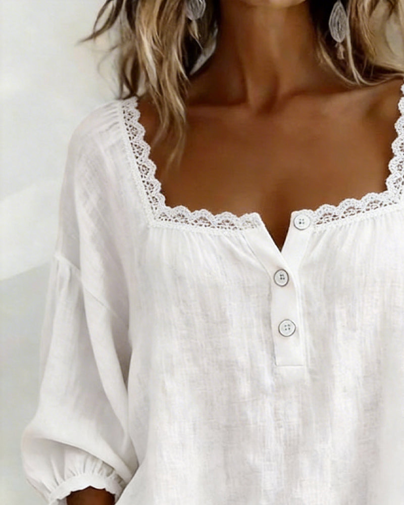 Laila | Blouse en Dentelle à Col Carré avec Manches Bouffantes