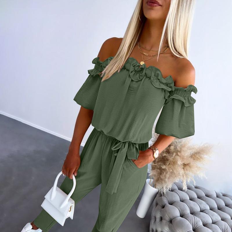 Claire™ | Combinaison Chic à Épaules Dégagées avec Volants et Ceinture à Nouer