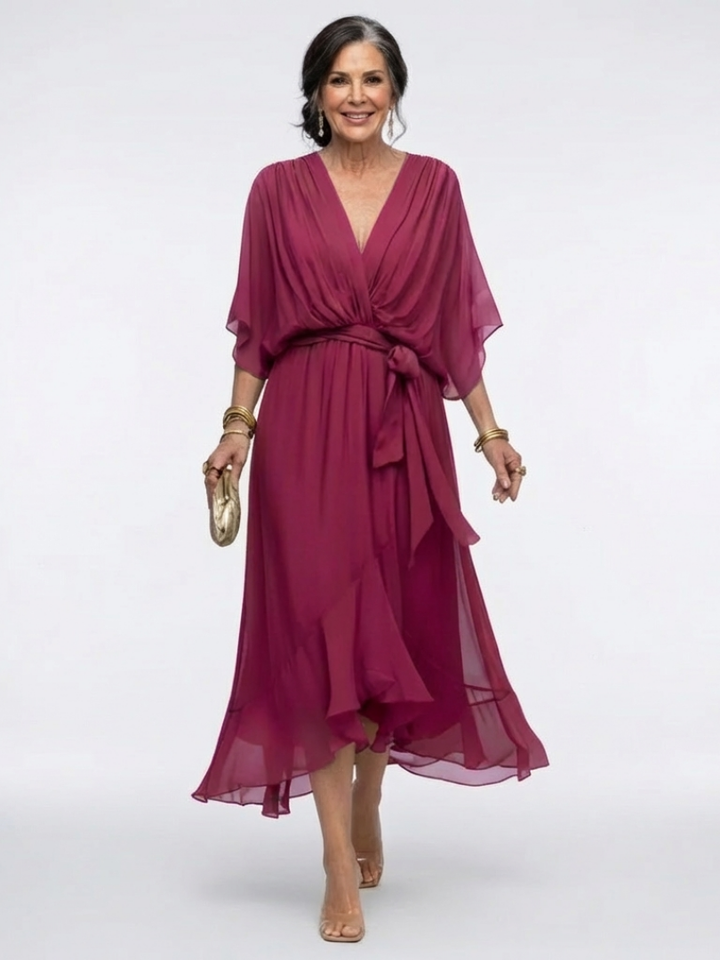 Elysia | Robe Midi Drapée à Encolure