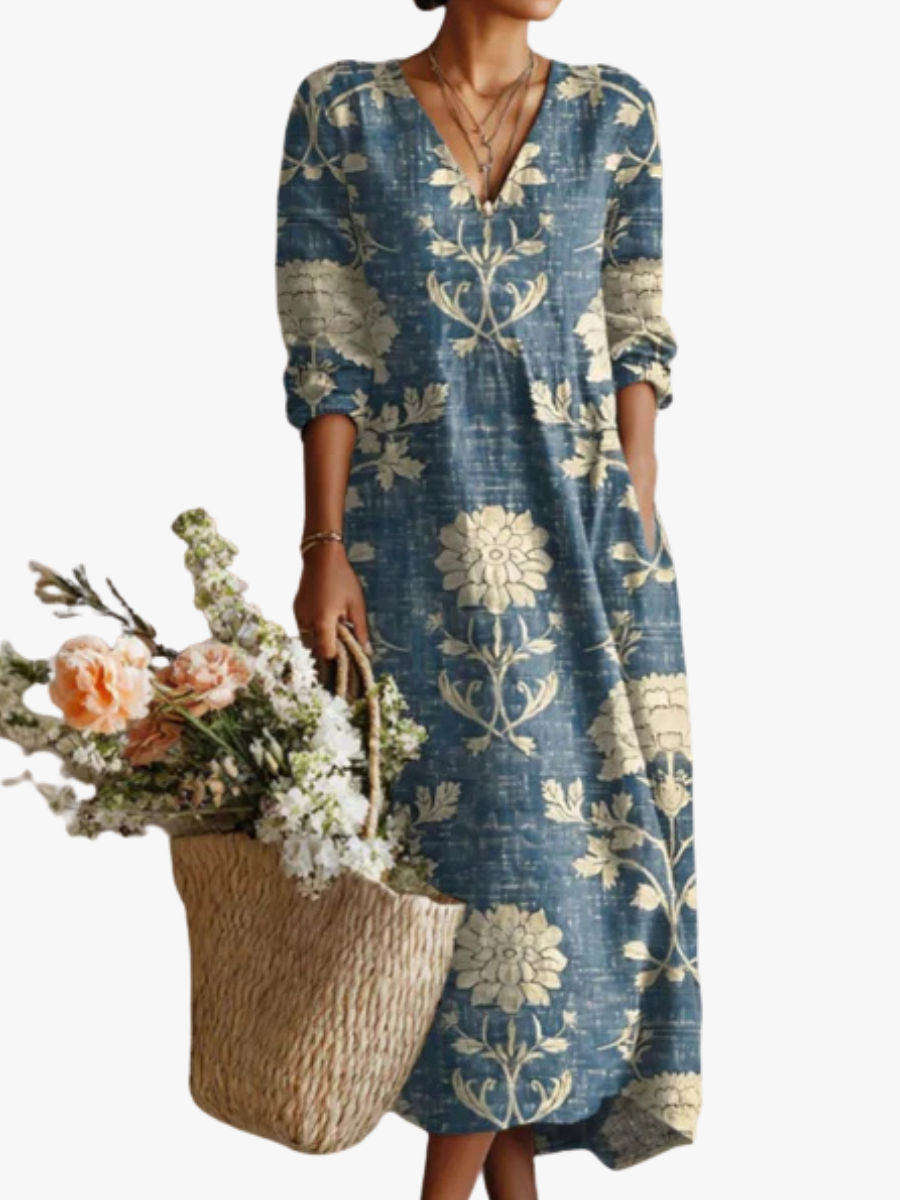Greta | Robe Midi En Lin Floral Ancien