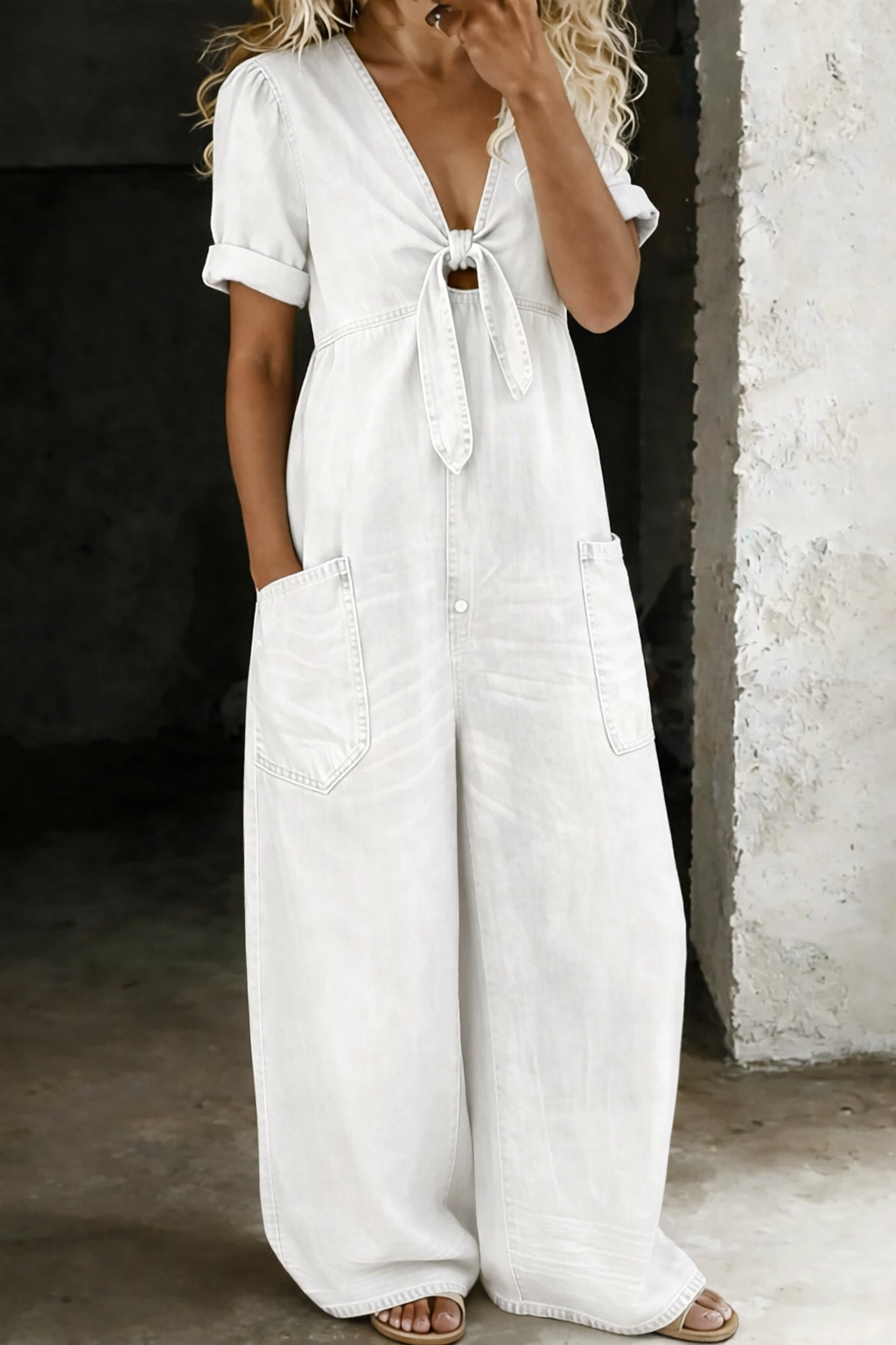 Leila | Combinaison denim Fluide Col V Jambe Large