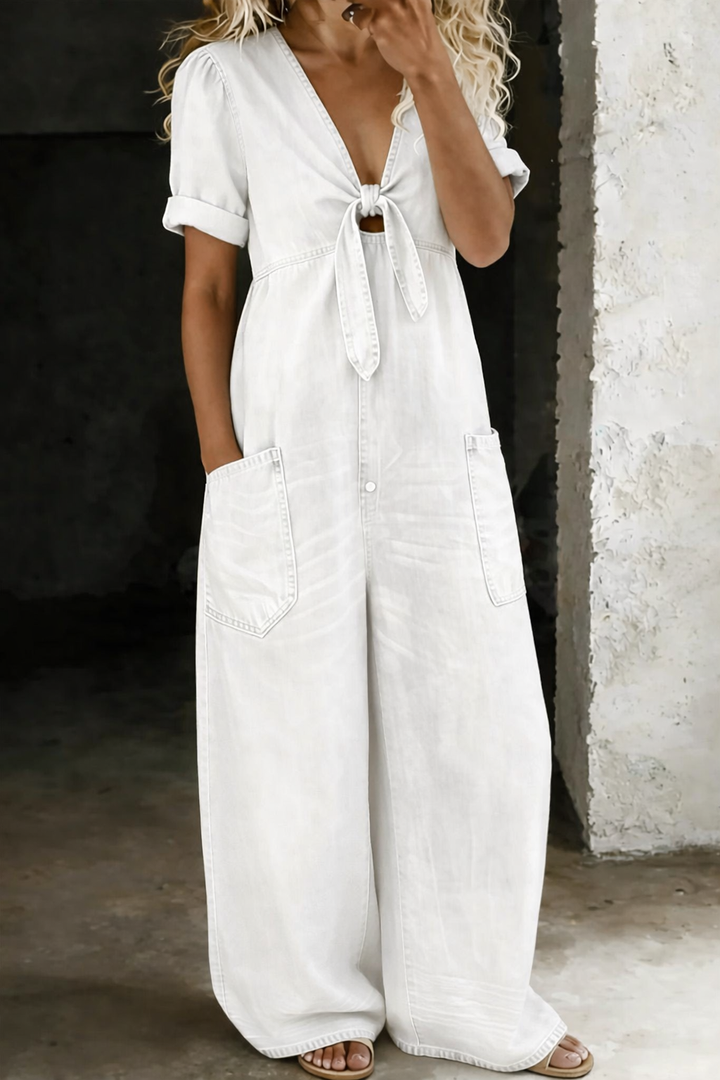 Leila | Combinaison denim Fluide Col V Jambe Large