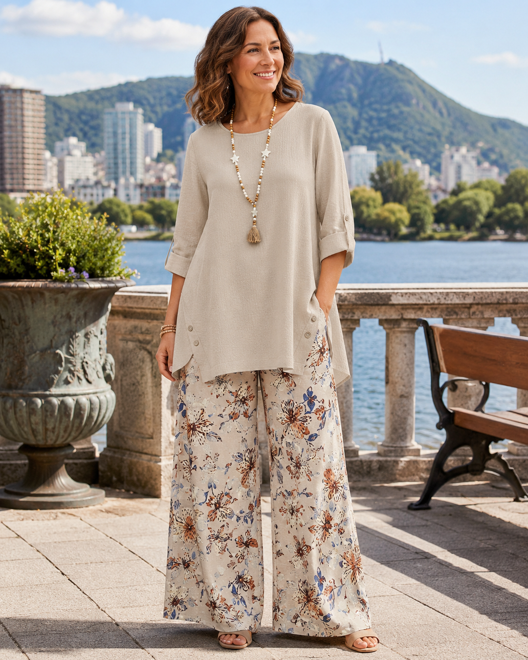 Stella | Ensemble Coton-lin Avec Tunique et Pantalon Fleuri
