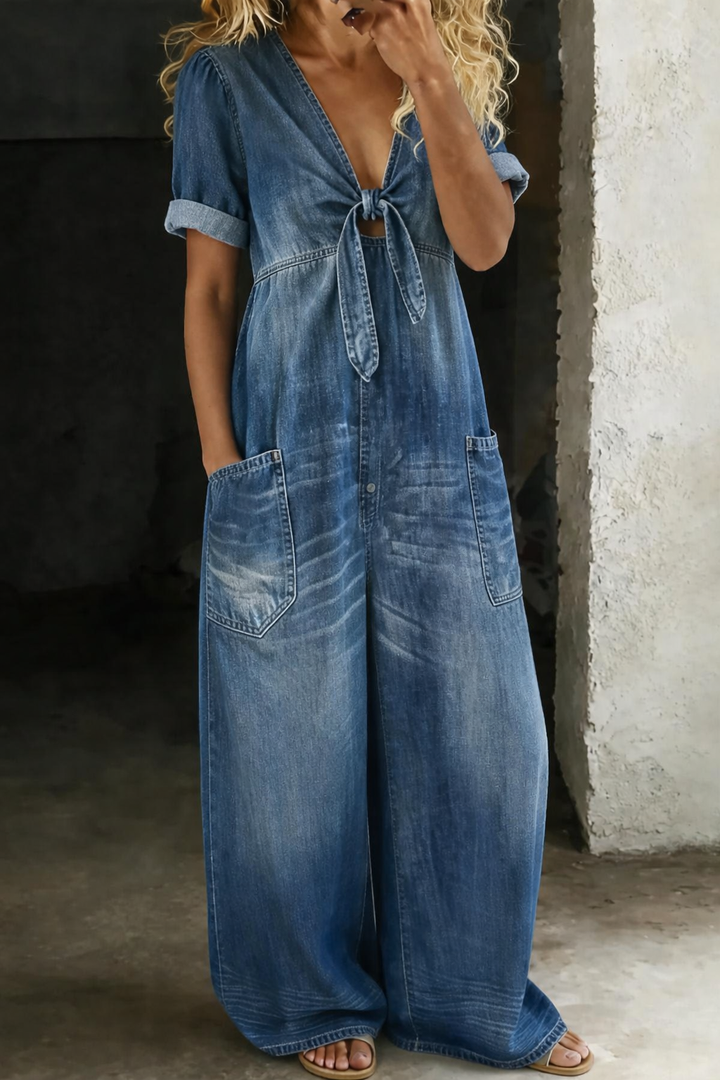 Leila | Combinaison denim Fluide Col V Jambe Large