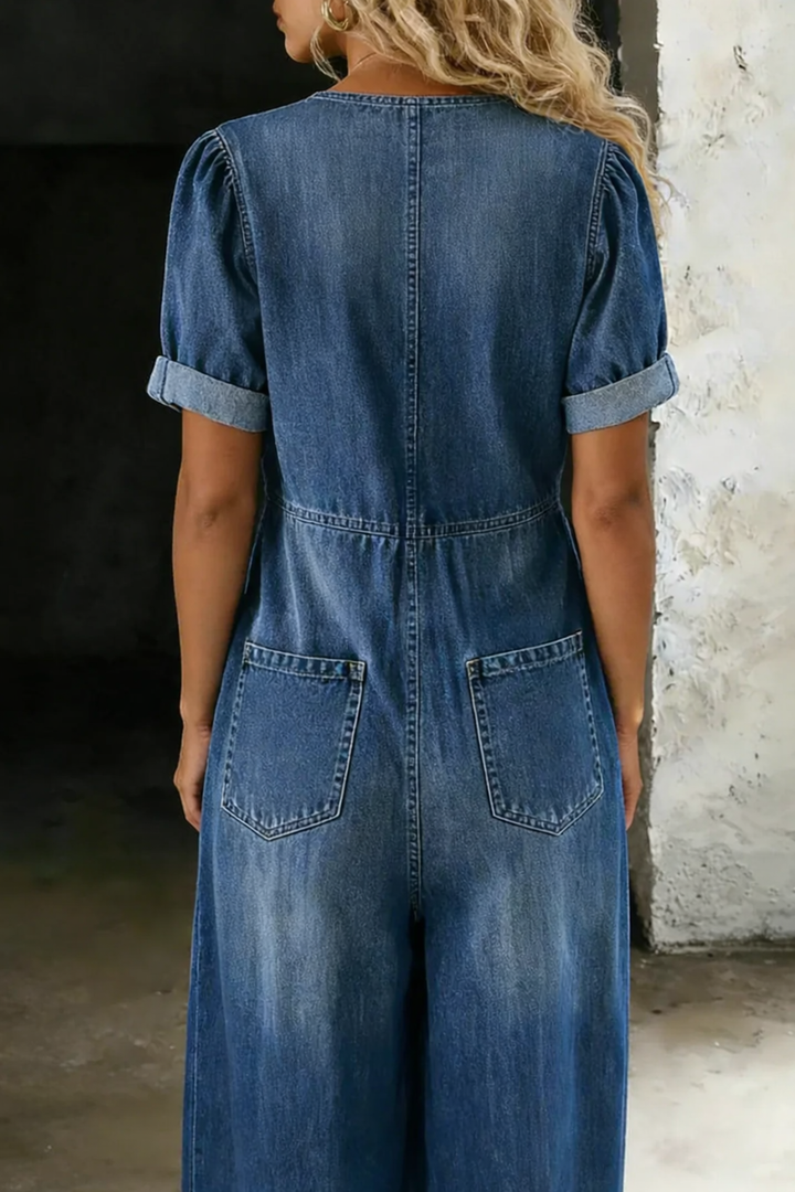 Leila | Combinaison denim Fluide Col V Jambe Large