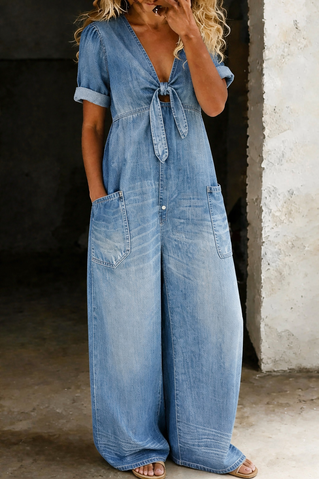 Leila | Combinaison denim Fluide Col V Jambe Large