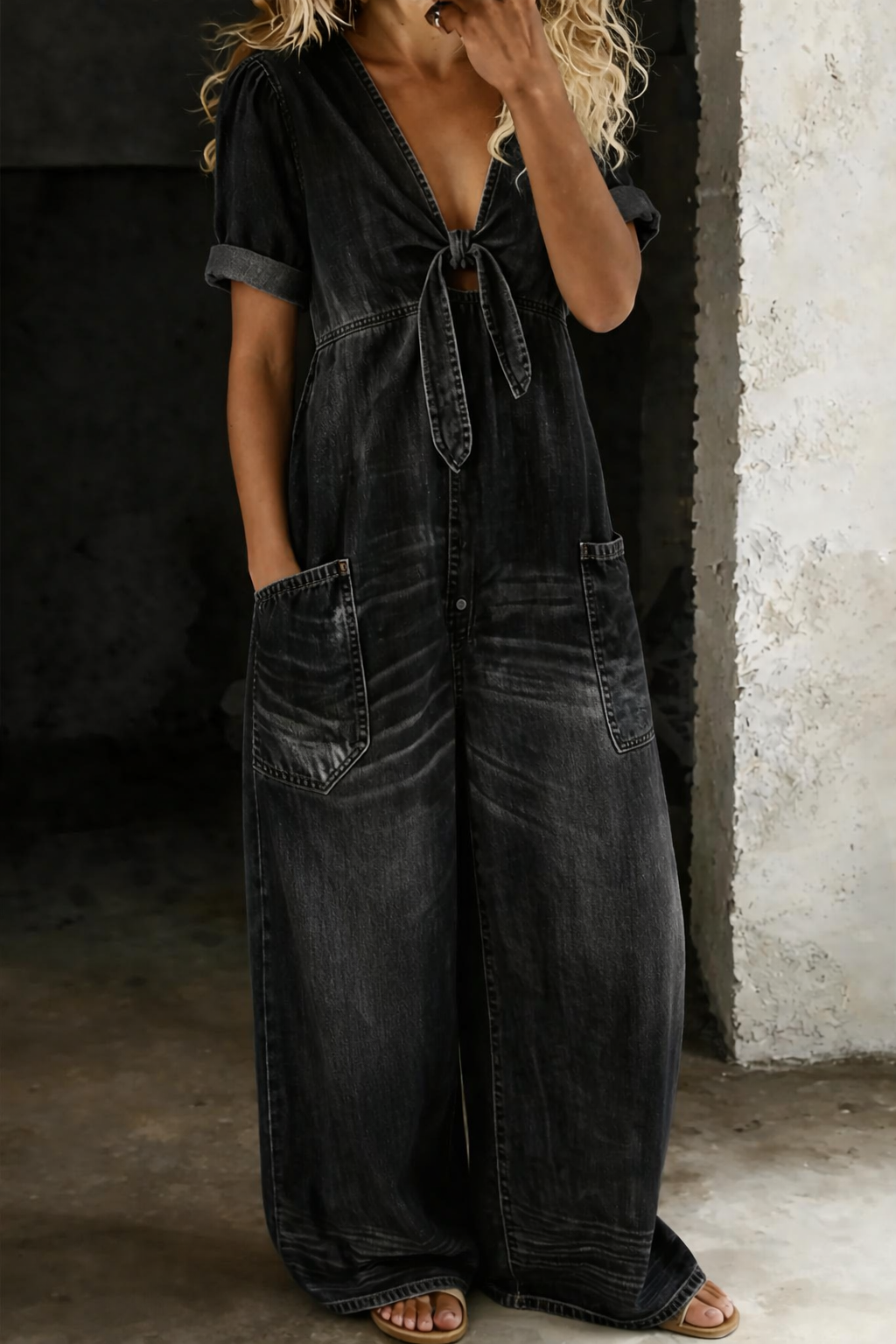 Leila | Combinaison denim Fluide Col V Jambe Large