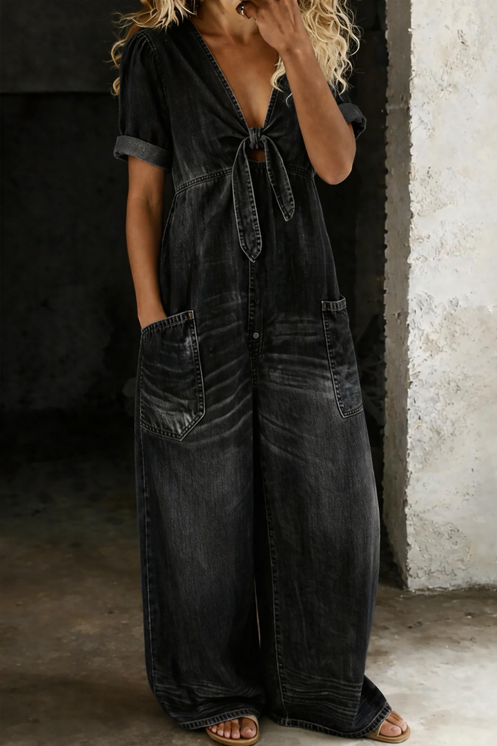Leila | Combinaison denim Fluide Col V Jambe Large