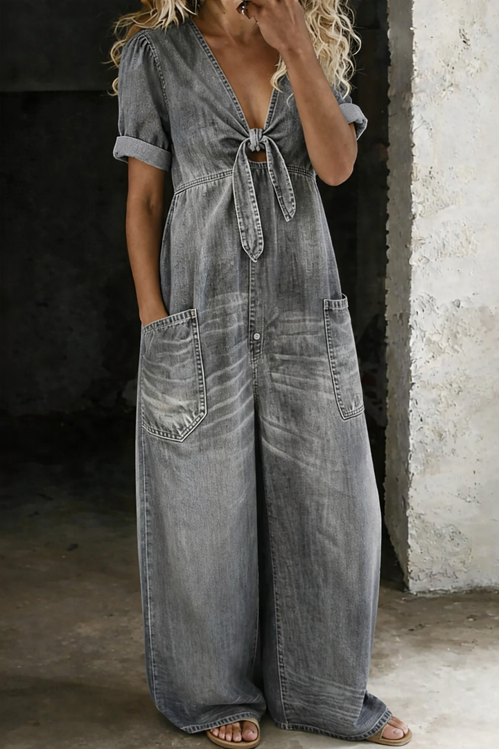Leila | Combinaison denim Fluide Col V Jambe Large