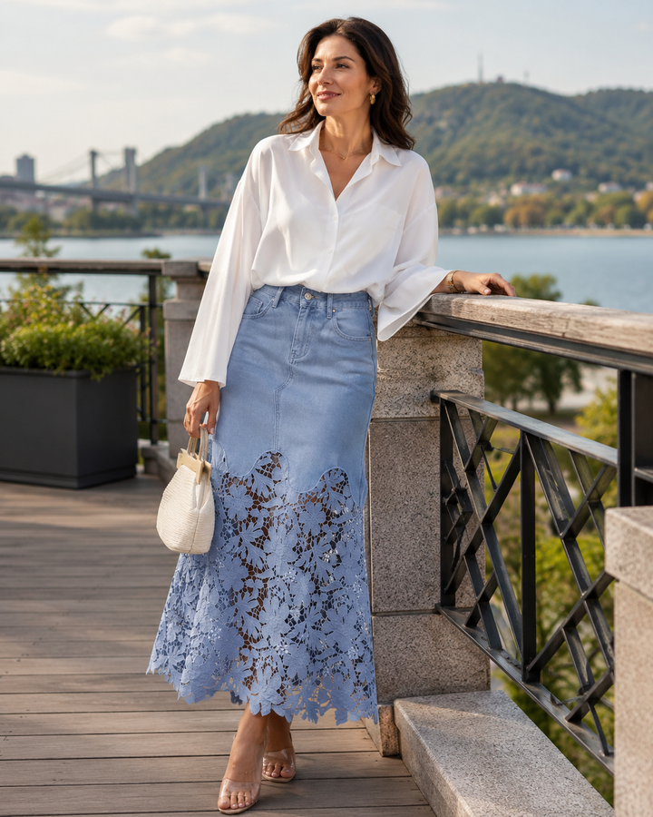 Hilda | Jupe Longue en Denim Avec Bord en Dentelle Florale