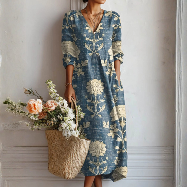 Greta | Robe Midi En Lin Floral Ancien