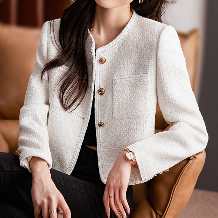 Claire | Veste Courte Style Tweed Avec Boutons Dorés et Encolure Ronde