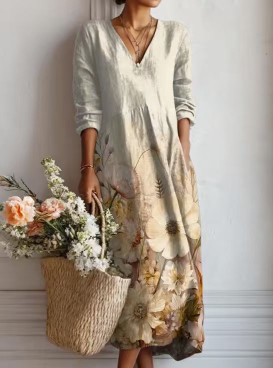 Greta | Robe Midi En Lin Floral Ancien