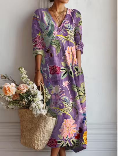 Greta | Robe Midi En Lin Floral Ancien