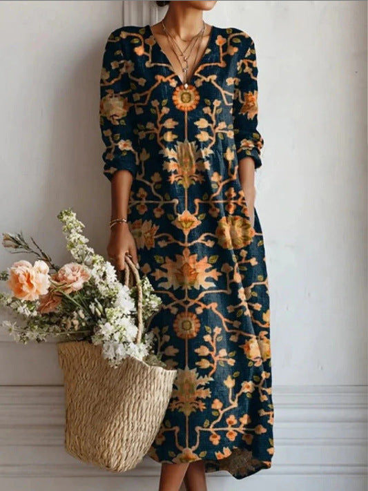 Greta | Robe Midi En Lin Floral Ancien