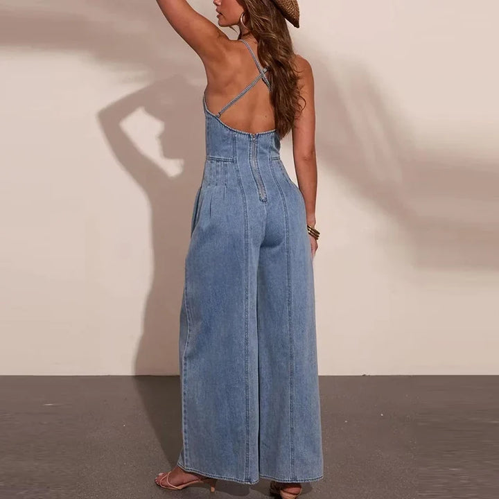 Shane | Combinaison de Vacances Chic en Denim, Sans Manches, à Jambes Larges, Avec des Bretelles Sexy et un Décolleté Tombant sur les Epaules