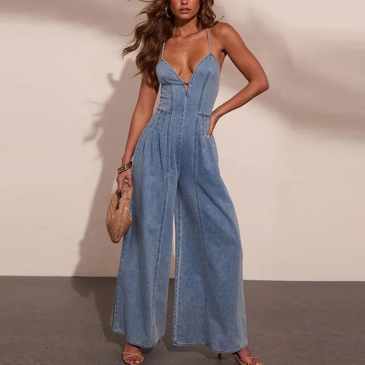 Shane | Combinaison de Vacances Chic en Denim, Sans Manches, à Jambes Larges, Avec des Bretelles Sexy et un Décolleté Tombant sur les Epaules