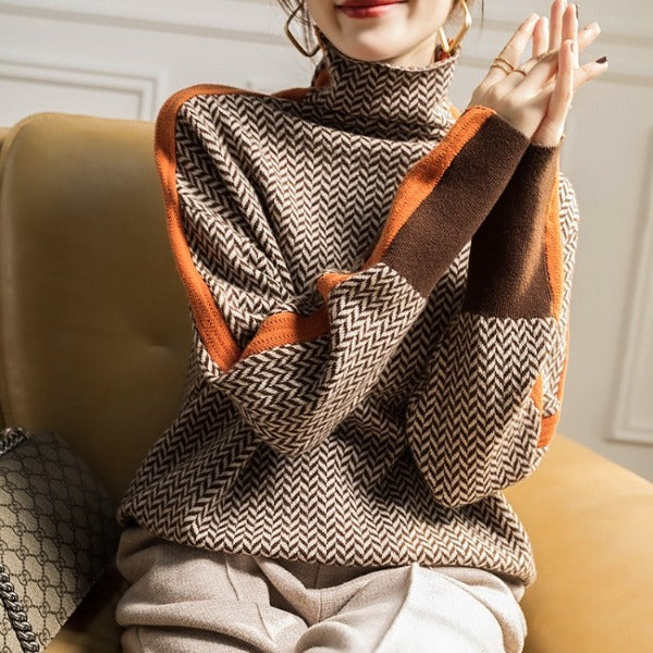 Eleanor | Pull à Col Roulé Herringbone Luxe