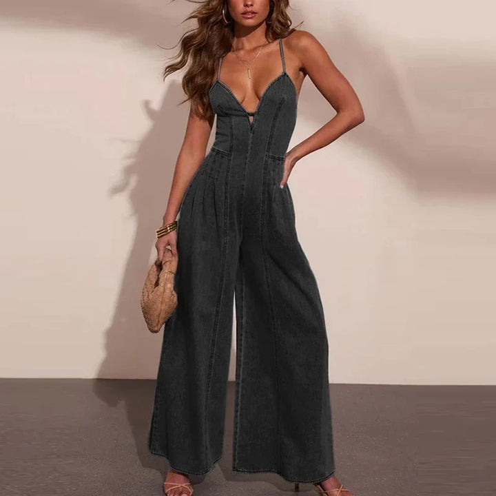 Shane | Combinaison de Vacances Chic en Denim, Sans Manches, à Jambes Larges, Avec des Bretelles Sexy et un Décolleté Tombant sur les Epaules