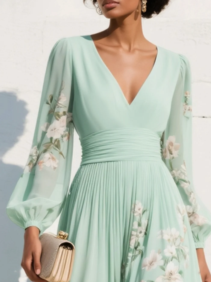 Nicola | Robe Midi Fleurie en Chiffon à Col V