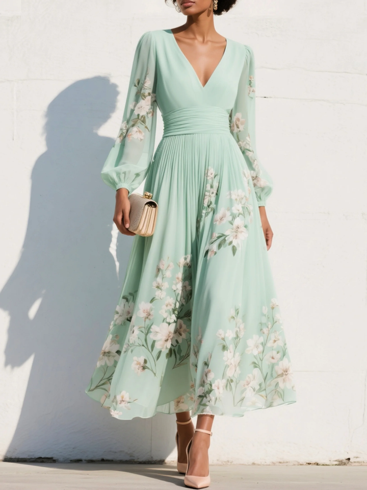 Nicola | Robe Midi Fleurie en Chiffon à Col V