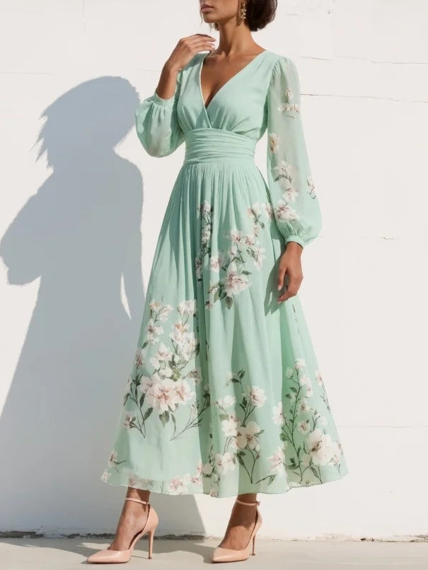 Nicola | Robe Midi Fleurie en Chiffon à Col V