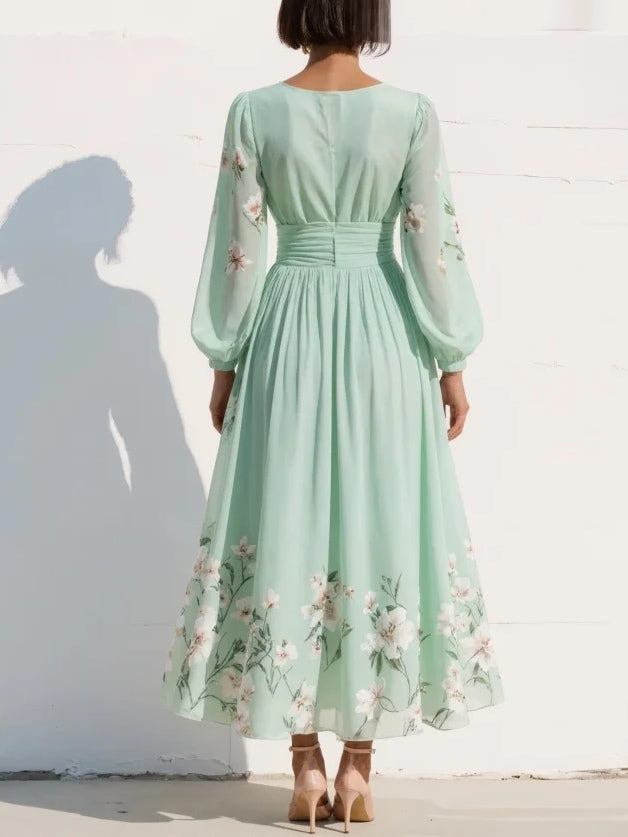 Nicola | Robe Midi Fleurie en Chiffon à Col V