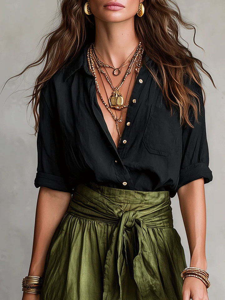 Alicia | Ensemble Deux Pièces T-shirt Noir Jupe Midi Taille Haute Elégante