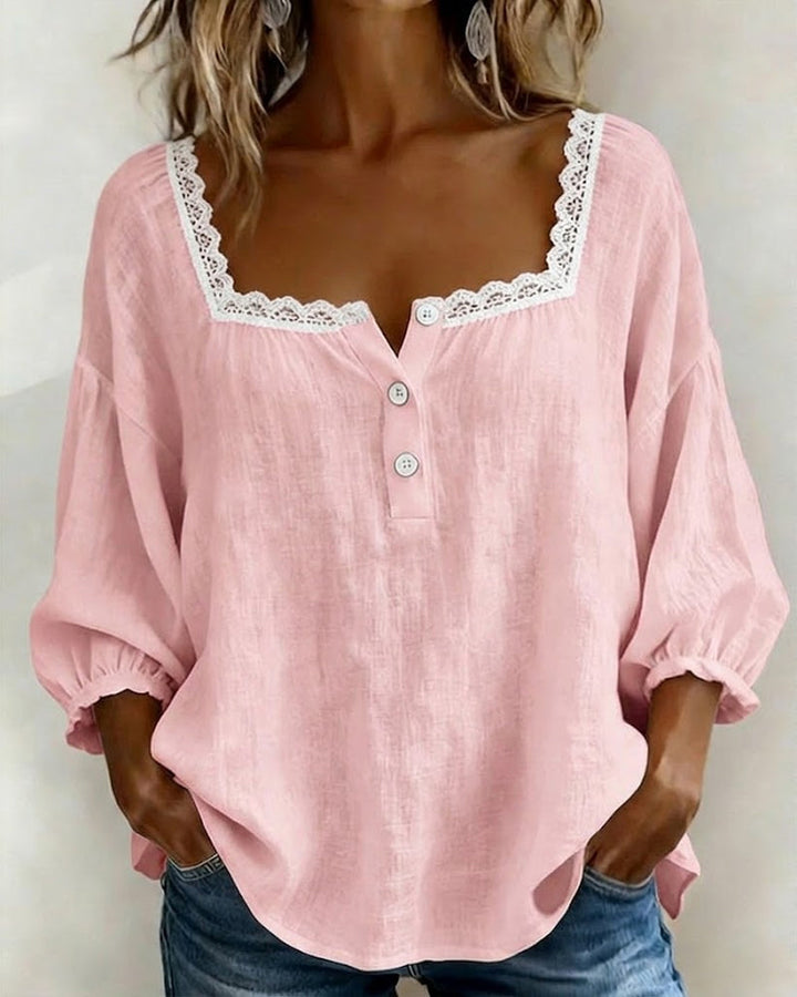 Laila | Blouse en Dentelle à Col Carré avec Manches Bouffantes
