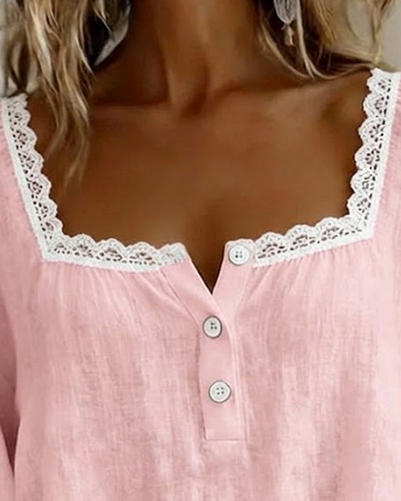 Laila | Blouse en Dentelle à Col Carré avec Manches Bouffantes