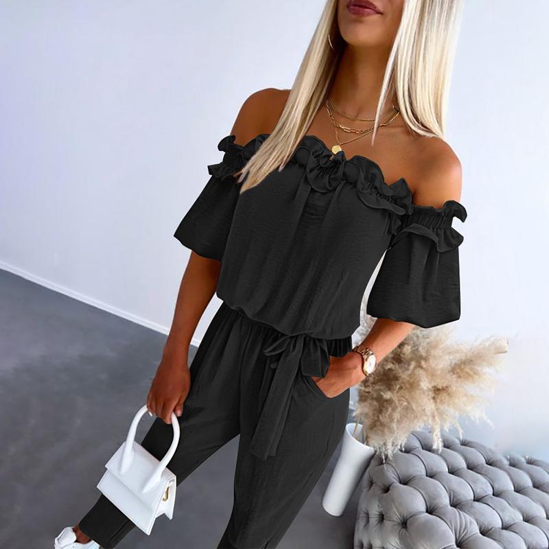 Claire™ | Combinaison Chic à Épaules Dégagées avec Volants et Ceinture à Nouer
