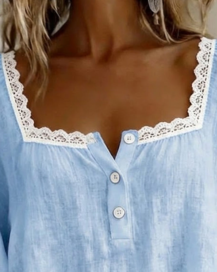 Laila | Blouse en Dentelle à Col Carré avec Manches Bouffantes