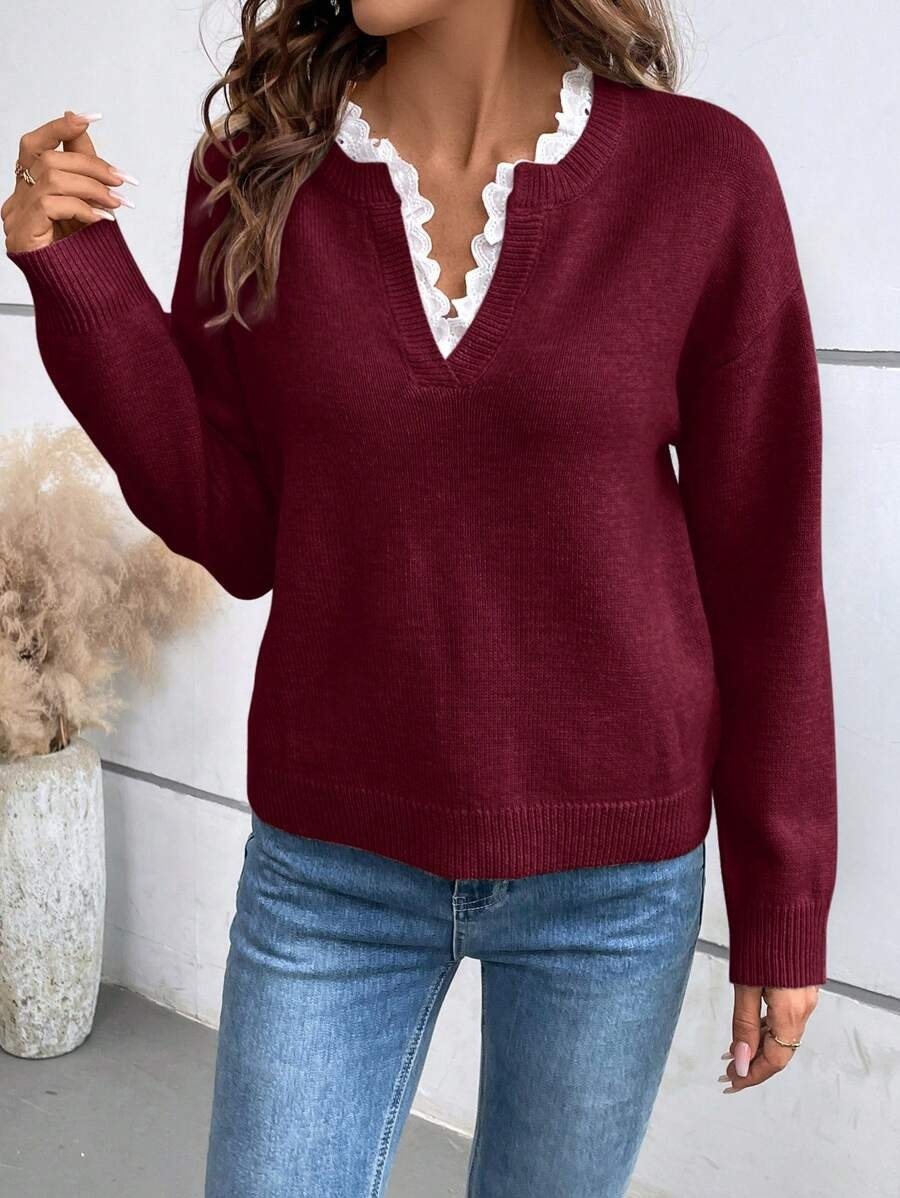 Lynne | Pull en Maille à Col en V en Dentelle