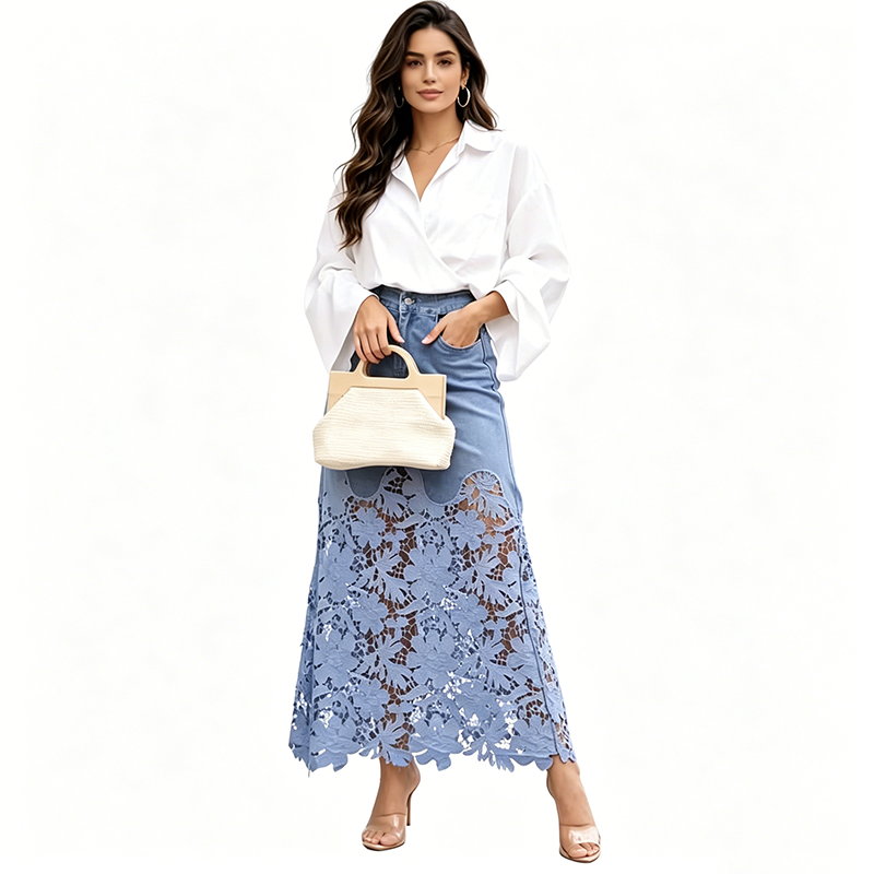 Hilda | Jupe Longue en Denim Avec Bord en Dentelle Florale